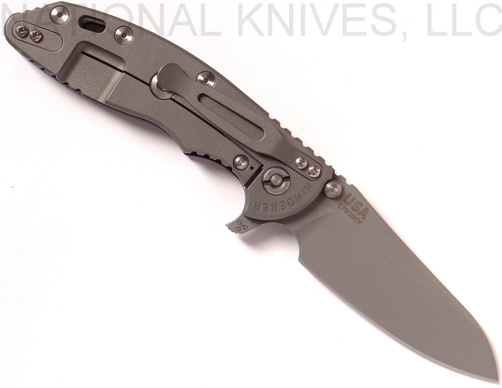 Rick Hinderer Knives XM-18 3.5" Sheepsfoot folding knife with thumb stud and flipper tab - shown open lock side.  Working Finish 20CV stainless steel plain edge blade.  Black G-10 handle with Working Finish lock side.  Model K2522SGW00.
