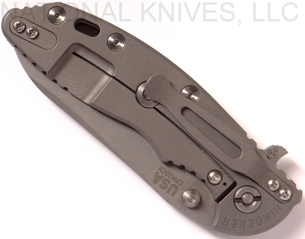 Rick Hinderer Knives XM-18 3.5" Sheepsfoot folding knife with thumb stud and flipper tab - shown closed lock side.  Working Finish 20CV stainless steel plain edge blade.  Black G-10 handle with Working Finish lock side.  Model K2522SGW00.
