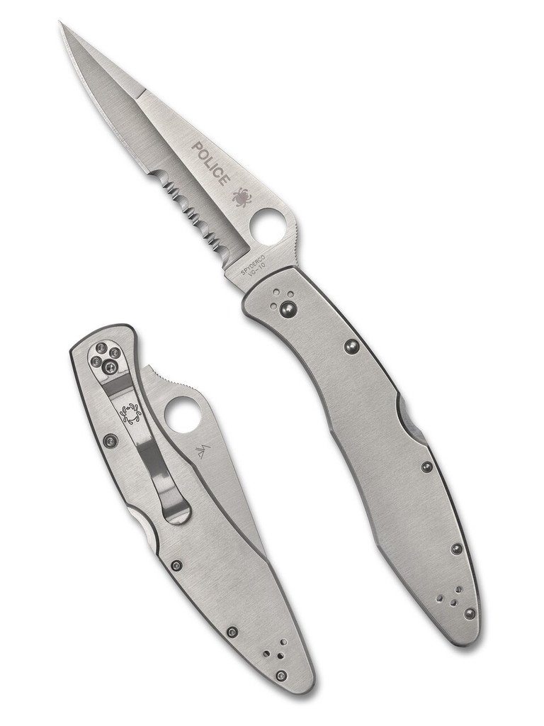 Spyderco Police folding knife with thumb hole - shown both open presentation side and closed pocket clip side.  Satin VG-10 stainless steel combo edge blade.  Stainless steel handle.  Model C07PS.