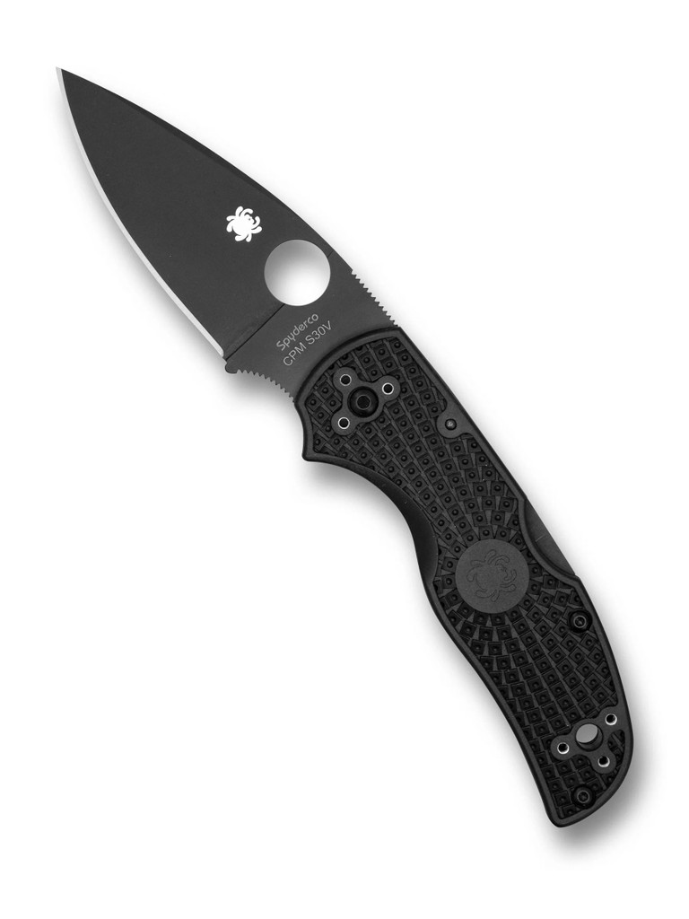 Spyderco Native 5 folding knife with thumb hole - shown open presentation side.  Black S30V stainless steel plain edge blade.  Black FRN handle.  Model C41PBBK5.
