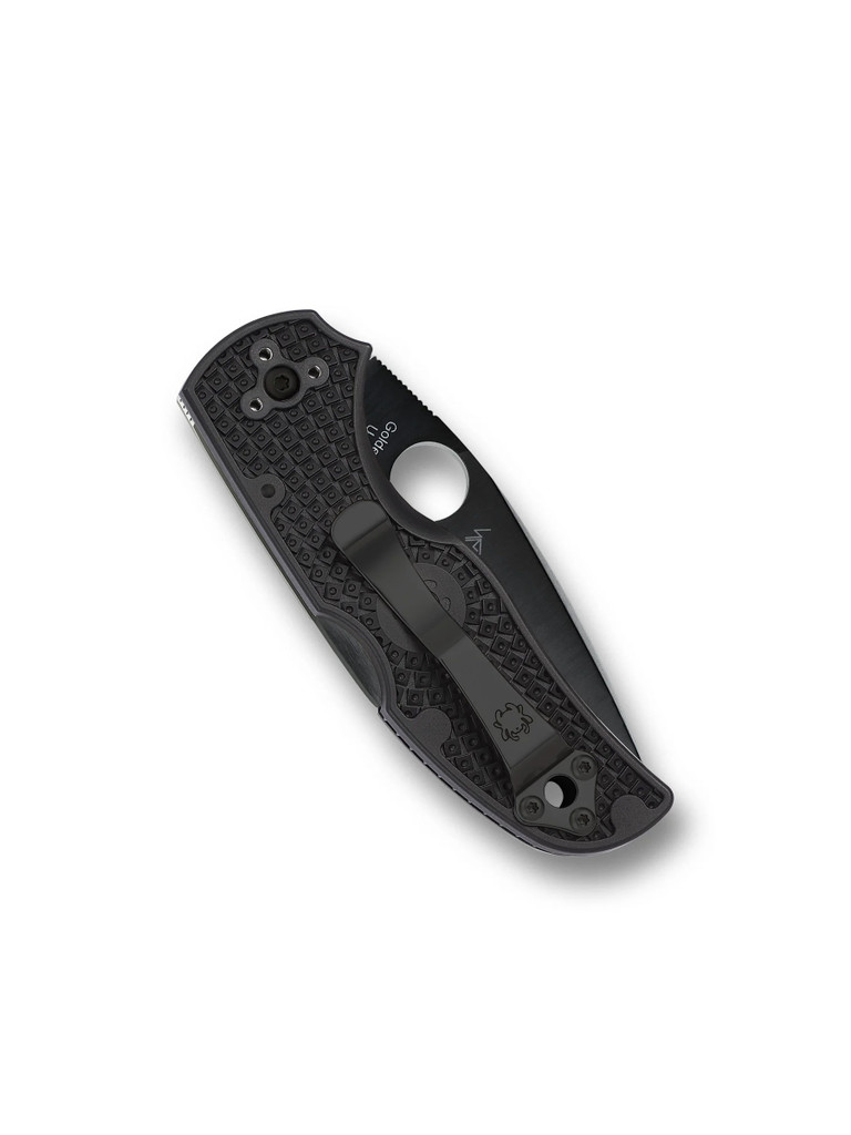 Spyderco Native 5 folding knife with thumb hole - shown closed pocket clip side.  Black S30V stainless steel plain edge blade.  Black FRN handle.  Model C41PBBK5.