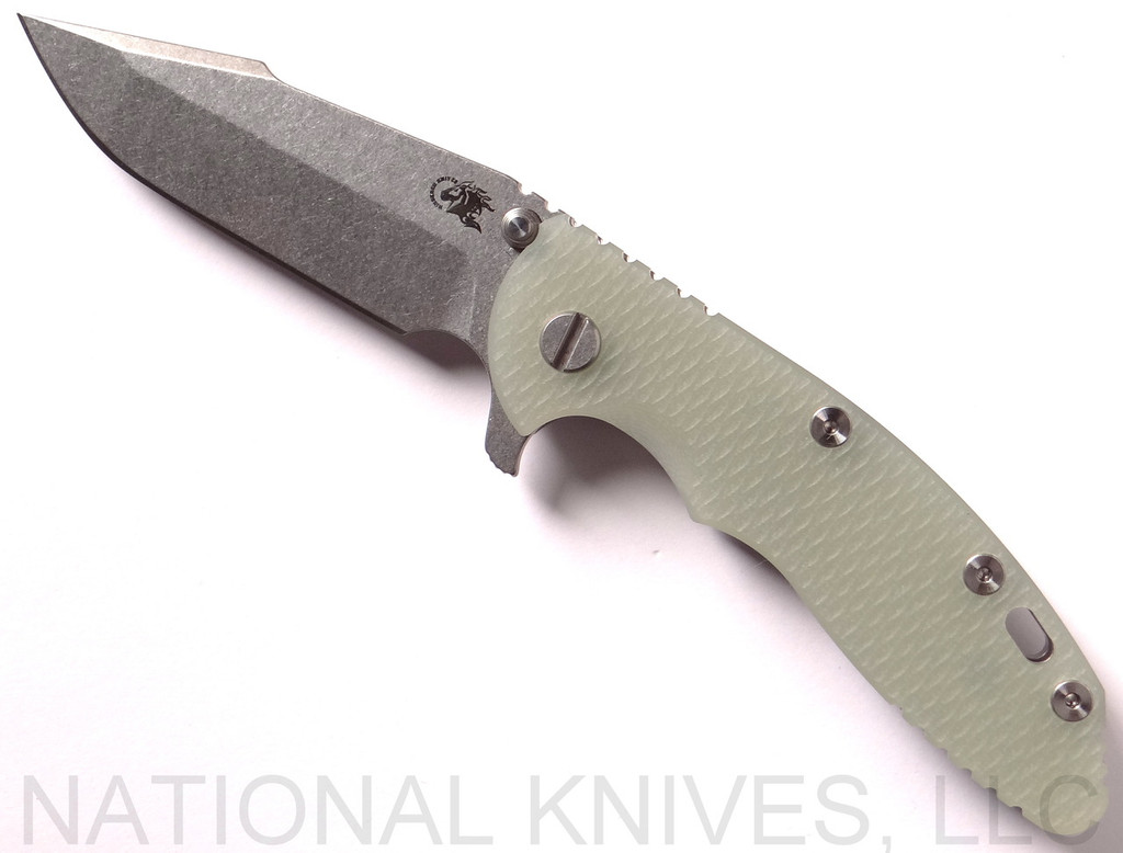 Rick Hinderer Knives XM-18 Harpoon Spanto Folding Knife, Stonewashed 3.5" Plain Edge CPM-S35VN Blade, Stonewashed Lockside, Translucent Green G-10 Handle - Tri-Way Pivot