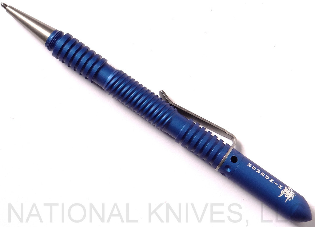 Rick Hinderer Knives Extreme Duty ink pen - shown with cap attached to back.  Spiral matte blue aluminum construction.  Model P58022A4BLA.