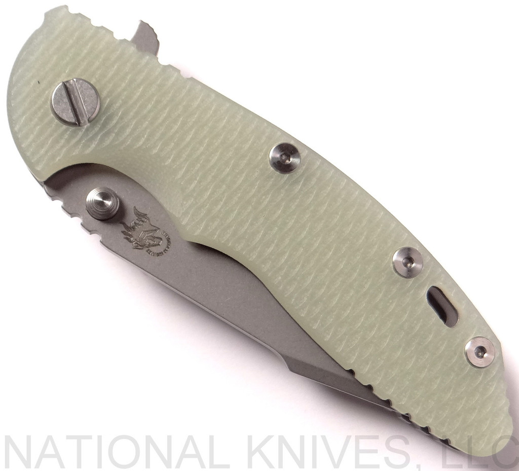 Rick Hinderer Knives XM-18 3.5" Harpoon Spanto folding knife with thumb stud and flipper tab - shown closed presentation side.  Working Finish S35VN stainless steel plain edge blade.  Translucent Green G-10 handle with Working Finish lock side.  Model K2552SGW00.
