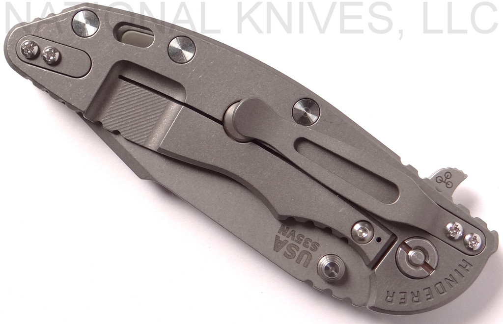 Rick Hinderer Knives XM-18 3.5" Harpoon Spanto folding knife with thumb stud and flipper tab - shown closed lock side.  Working Finish S35VN stainless steel plain edge blade.  Translucent Green G-10 handle with Working Finish lock side.  Model K2552SGW00.