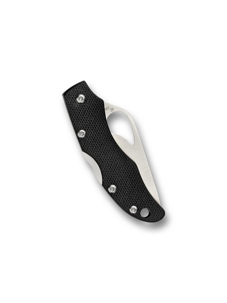 Byrd Finch 2 folding knife with thumb slot - shown closed pocket clip side.  Satin 8CrMoV stainless steel plain edge blade.  Black G-10 handle.  Model BY11GP2.