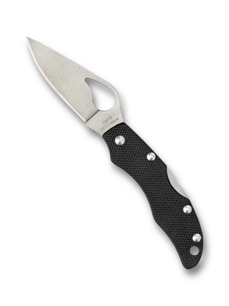 Byrd Finch 2 folding knife with thumb slot - shown open presentation side.  Satin 8CrMoV stainless steel plain edge blade.  Black G-10 handle.  Model BY11GP2.