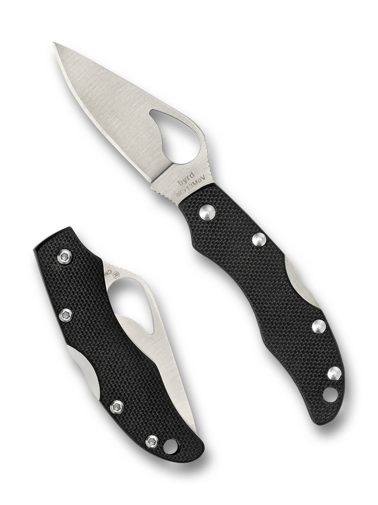 Byrd Finch 2 folding knife with thumb slot - shown open presentation side and closed pocket clip side.  Satin 8CrMoV stainless steel plain edge blade.  Black G-10 handle.  Model BY11GP2.