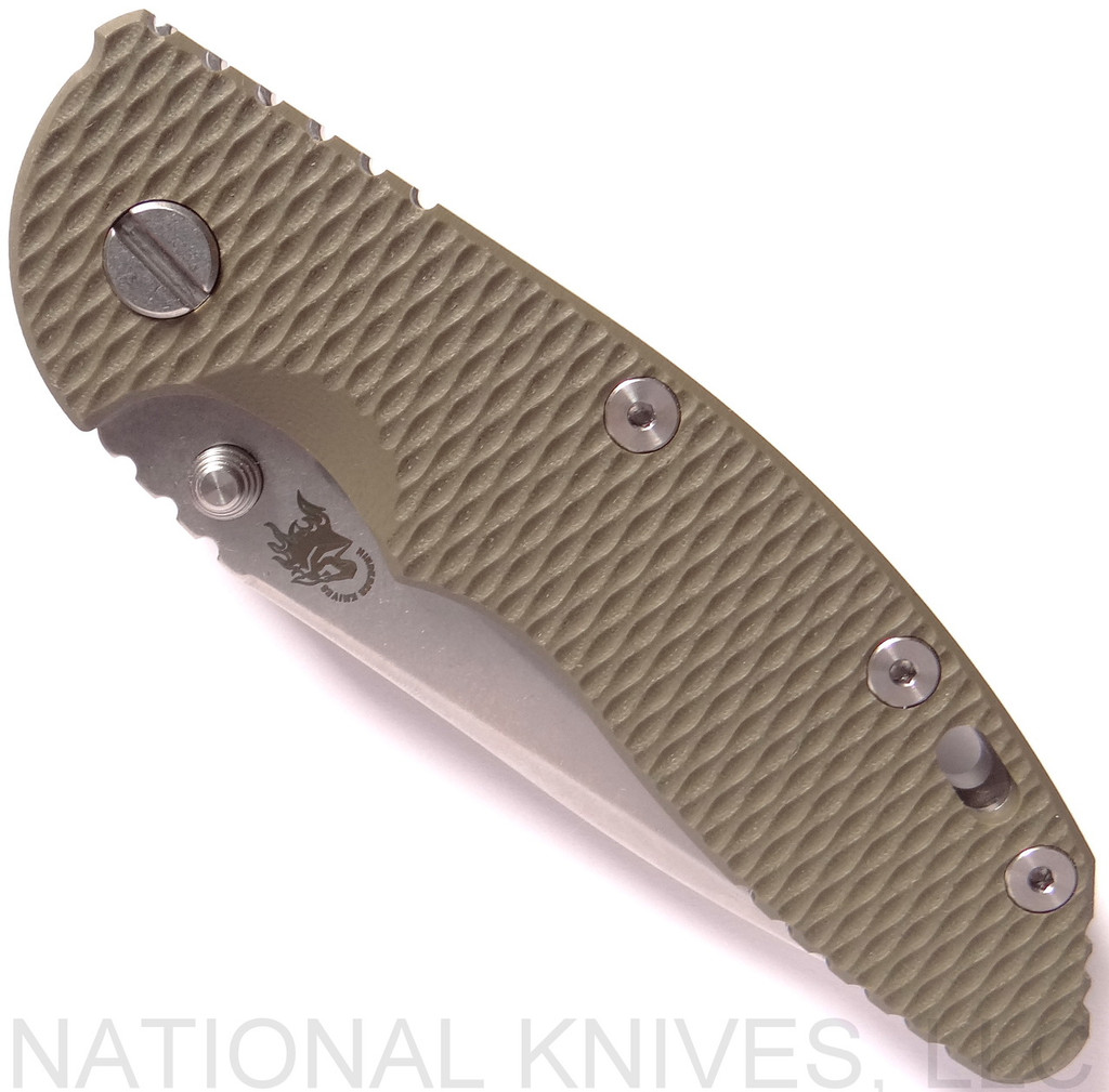Rick Hinderer Knives Non Flipper XM-18 3.5" Spear Point folding knife with thumb stud - shown closed presentation side.  Stonewash 20CV stainless steel plain edge blade.  OD green G-10 handle with stonewash lock side.  Model K20821SGS00.