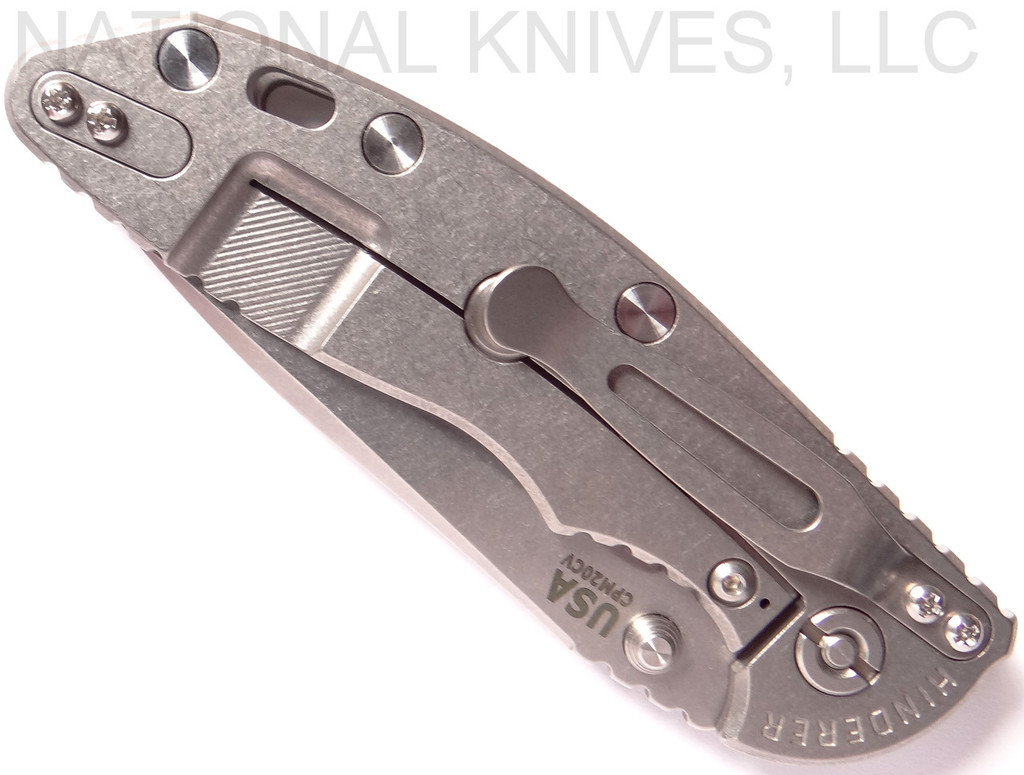 Rick Hinderer Knives Non Flipper XM-18 3.5" Spear Point folding knife with thumb stud - shown closed lock side.  Stonewash 20CV stainless steel plain edge blade.  OD green G-10 handle with stonewash lock side.  Model K20821SGS00.