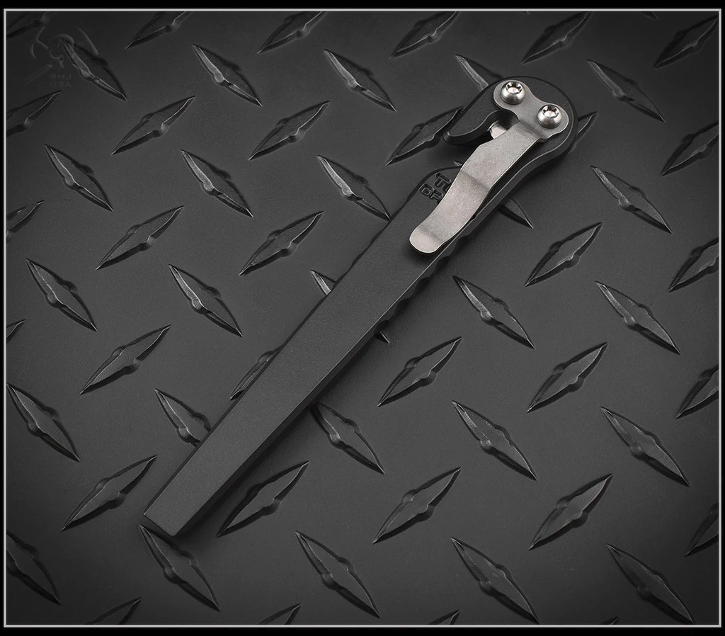RMJ Tactical Tusk Prybar multitool - pocket clip side shown.  Graphite Black Cerakote 3V steel construction.  Model K-TU-GB.