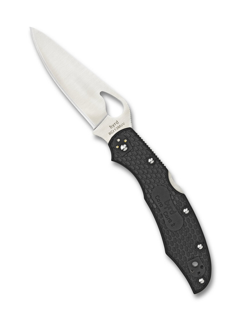 Byrd Cara Cara 2 folding knife with thumb slot - shown open presentation side.  Satin 8Cr13MoV stainless steel plain edge blade.  Black FRN handle.  Model BY03PBK2.