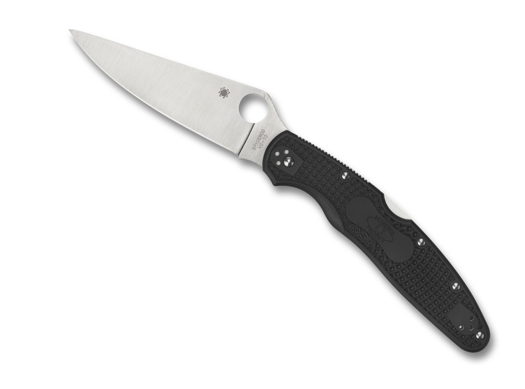 Spyderco Police 4 folding knife with thumb hole - shown open presentation side and closed pocket clip side.  Satin VG-10 stainless steel plain edge blade.  Black FRN handle.  Model C07PBK4.