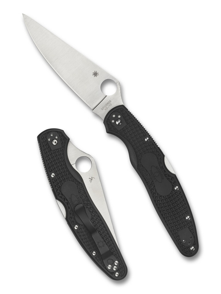 Spyderco Police 4 folding knife with thumb hole - shown both open presentation side and closed pocket clip side.  Satin VG-10 stainless steel plain edge blade.  Black FRN handle.  Model C07PBK4.