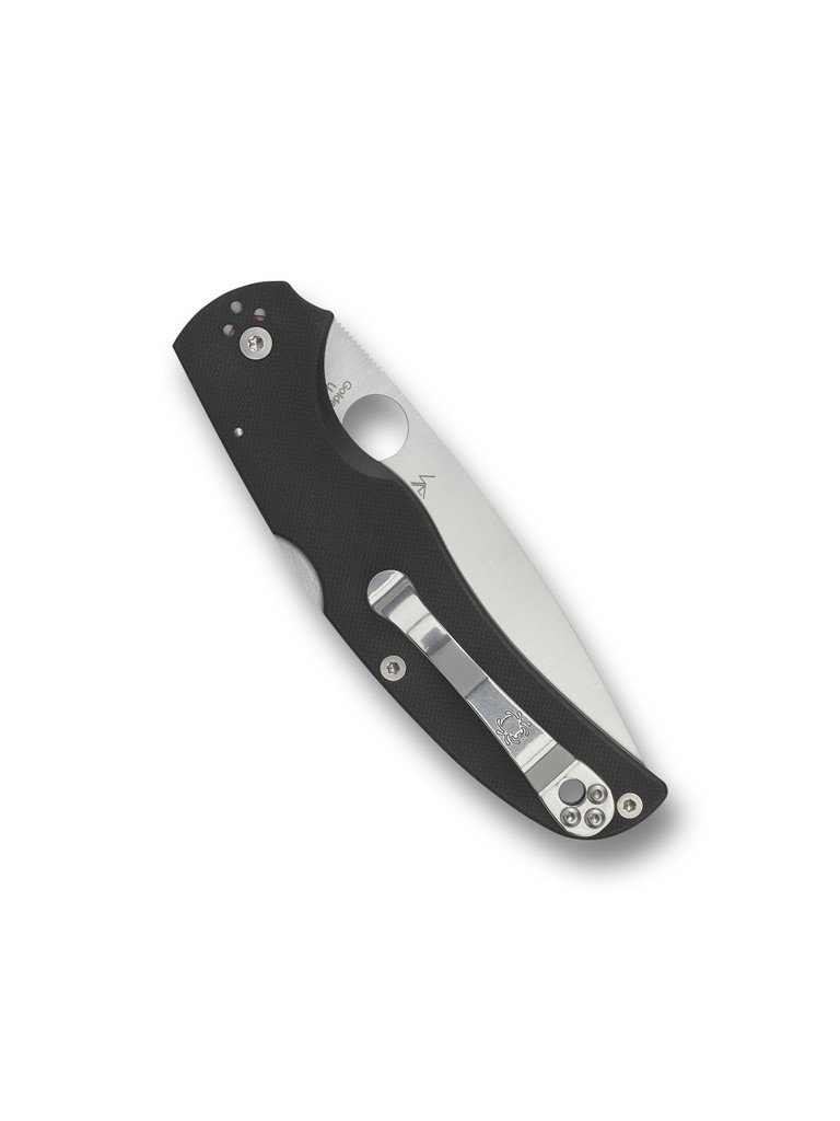 Spyderco Native Chief folding knife with thumb hole - shown closed pocket clip side.  Satin S30V stainless steel plain edge blade.  Black G-10 handle.  Model C244GP.