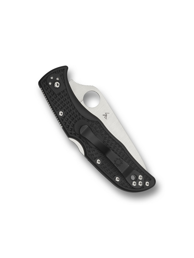 Spyderco Endela folding knife with thumb hole - shown closed pocket clip side.  Satin VG-10 stainless steel serrated edge blade.  Black FRN handle.  Model C243SBK.