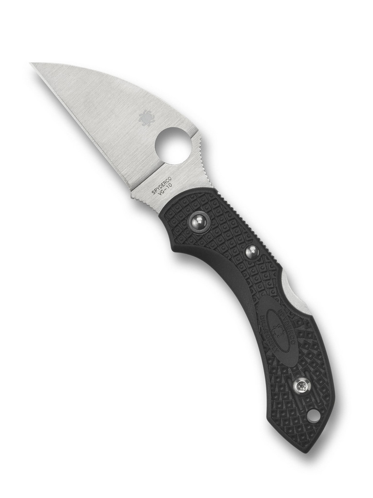 Spyderco Dragonfly 2 folding knife with thumb hole - shown open presentation side.  Satin VG-10 stainless steel, wharncliffe, plain edge blade.  Black FRN handle.  Model C28FPWCBK2.