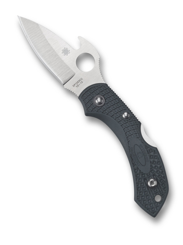 Spyderco Dragonfly 2 folding knife with thumb hole and Emerson Wave opener - shown open presentation side.  Satin VG-10 stainless steel plain edge blade.  Gray FRN handle.  Model C28PGYW2.