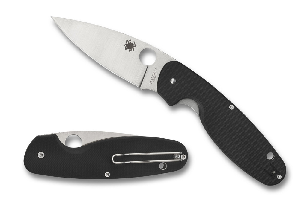 Spyderco Emphasis folding knife with thumb hole - shown open presentation side and closed pocket clip side.  Satin 8Cr13MoV stainless steel plain edge blade.  Black G-10 handle.  Model C245GP.