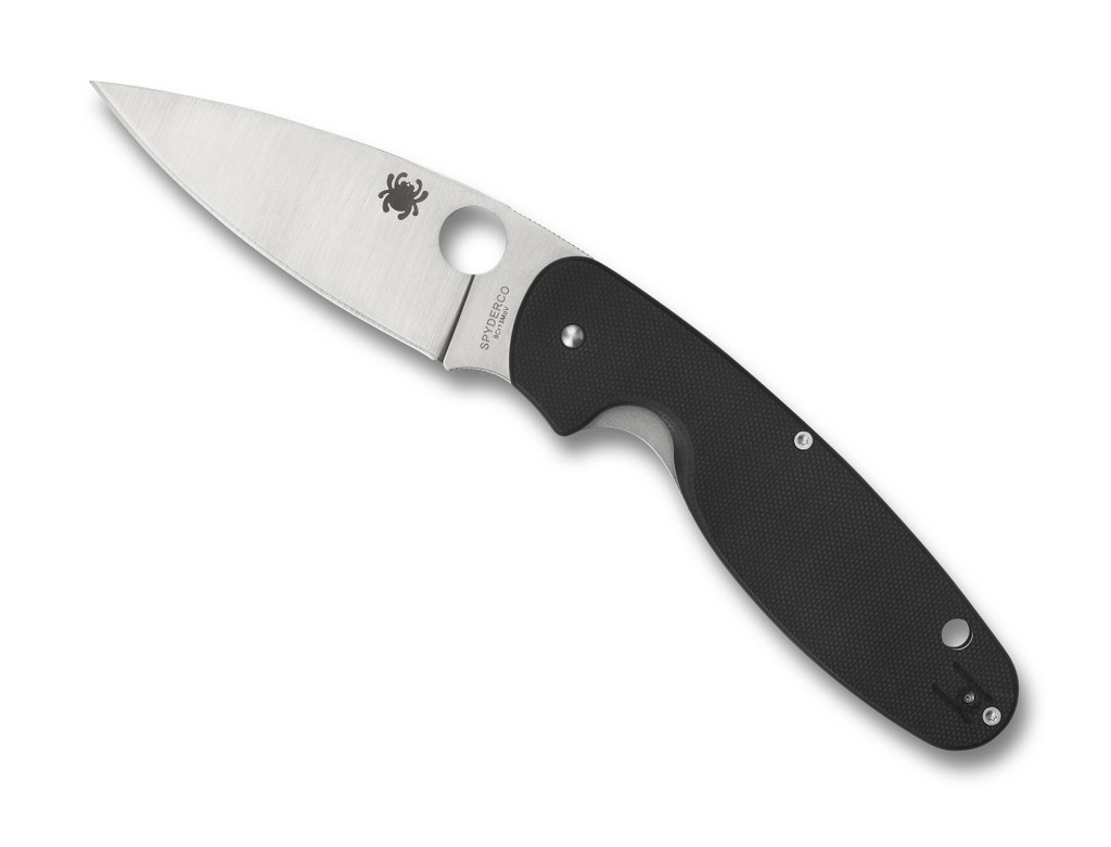 Spyderco Emphasis folding knife with thumb hole - shown open presentation side.  Satin 8Cr13MoV stainless steel plain edge blade.  Black G-10 handle.  Model C245GP.