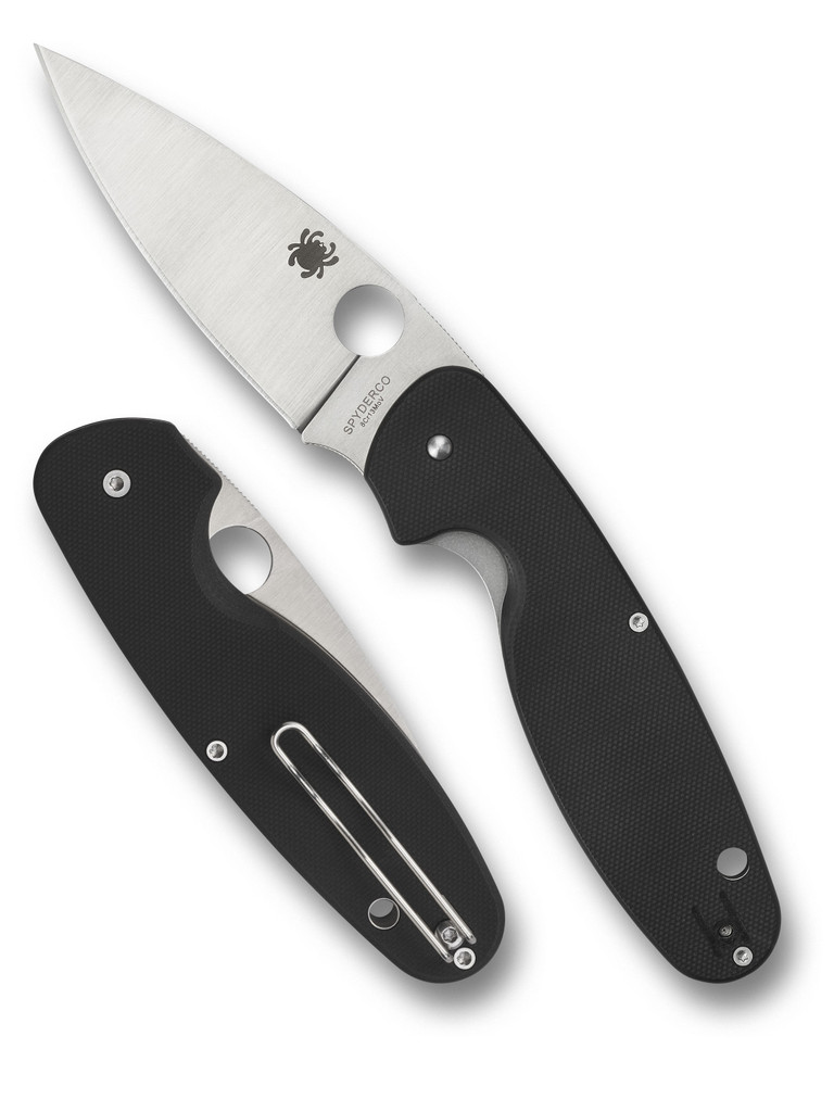 Spyderco Emphasis folding knife with thumb hole - shown open presentation side and closed pocket clip side.  Satin 8Cr13MoV stainless steel plain edge blade.  Black G-10 handle.  Model C245GP.