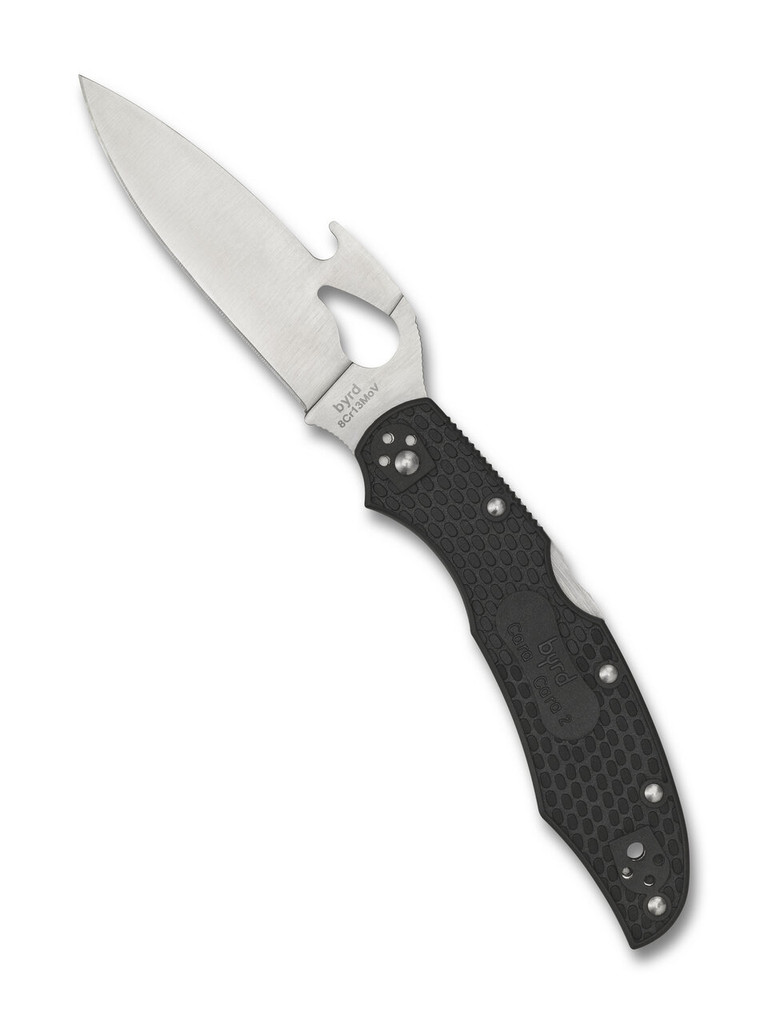 Byrd Knives Cara Cara 2 Emerson folding knife with thumb slot and Emerson Wave opener - shown open presentation side.  Satin 8Cr13MoV stainless steel plain edge blade.  Black FRN handle.  Model BY03PBK2W.
