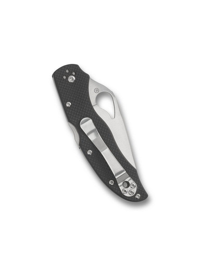 Byrd Harrier 2 folding knife with thumb slot - shown closed pocket clip side.  Satin 8Cr13MoV stainless steel plain edge blade.  Black G-10 handle.  Model BY01GP2.