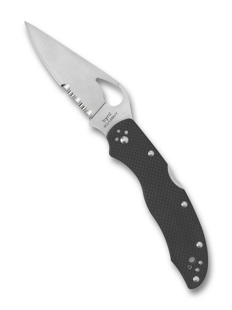 Byrd Harrier 2 folding knife with thumb slot - shown open presentation side.  Satin 8Cr13MoV stainless steel combo edge blade.  Black G-10 handle.  Model BY01GPS2.