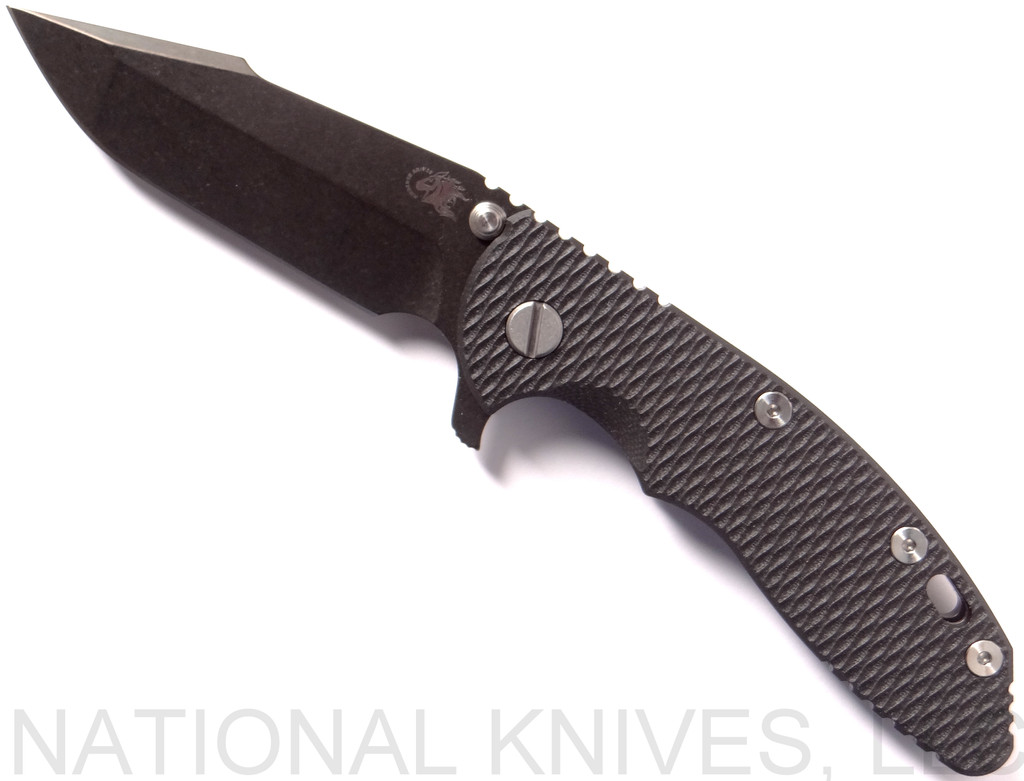Rick Hinderer Knives XM-18 3.5" Harpoon Spanto folding knife with thumb stud and flipper tab - shown open presentation side.  Black stonewash S35VN stainless steel plain edge blade.  Black G-10 handle with stonewash black lock side.  Model K2552SGD00.