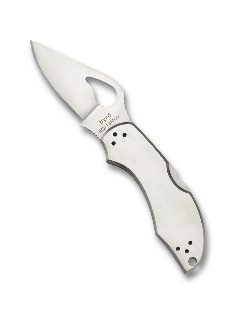 Byrd Knives Robin 2 folding knife with thumb slot - shown open presentation side.  Satin 8Cr13MoV stainless steel plain edge blade.  Stainless steel handle.  Model BY10P2.