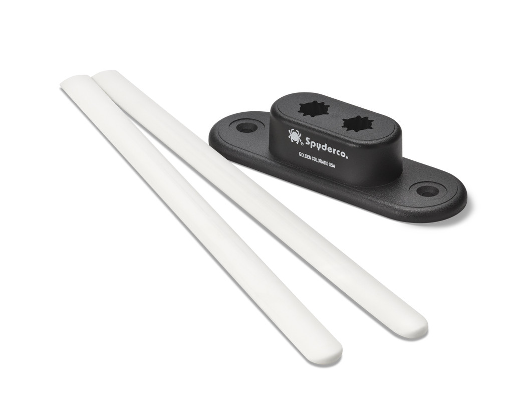 Spyderco Galley V sharpener - shown with rods laying next to base.  White fine grit ceramic rods.  Black base.  Model 600F.