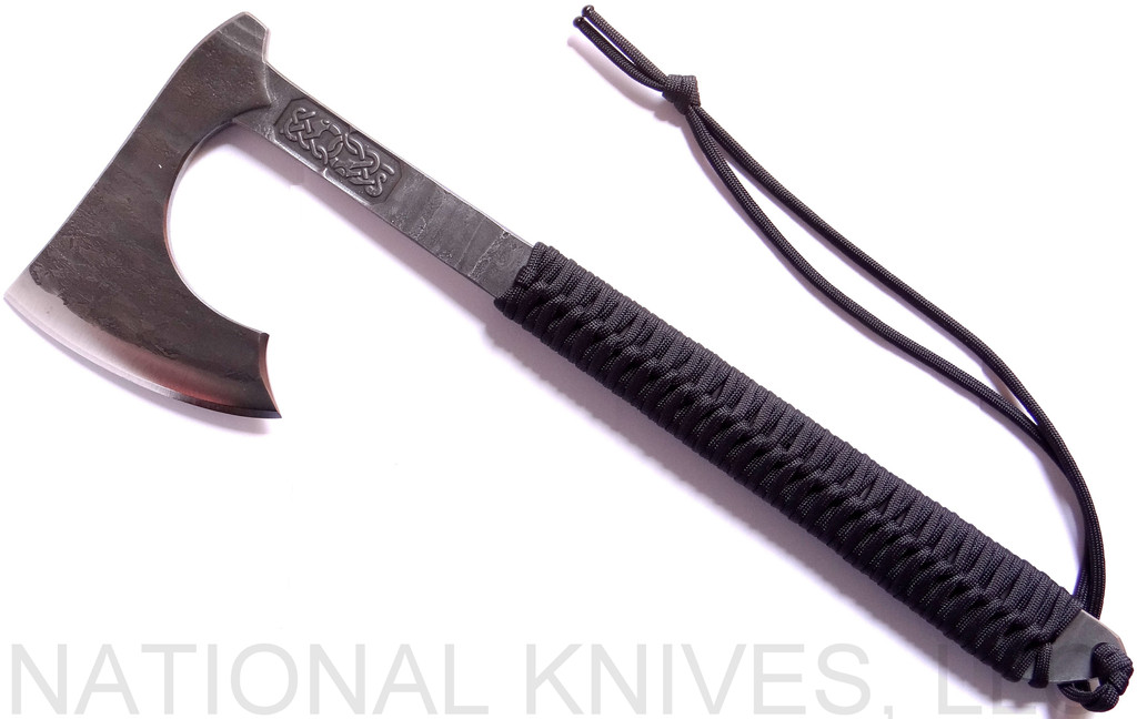 RMJ Tactical Custom Raven tomahawk - shown out of sheath reverse.  80CRV2 steel plain edge head.  Black cord-wrapped handle.
For reference only.