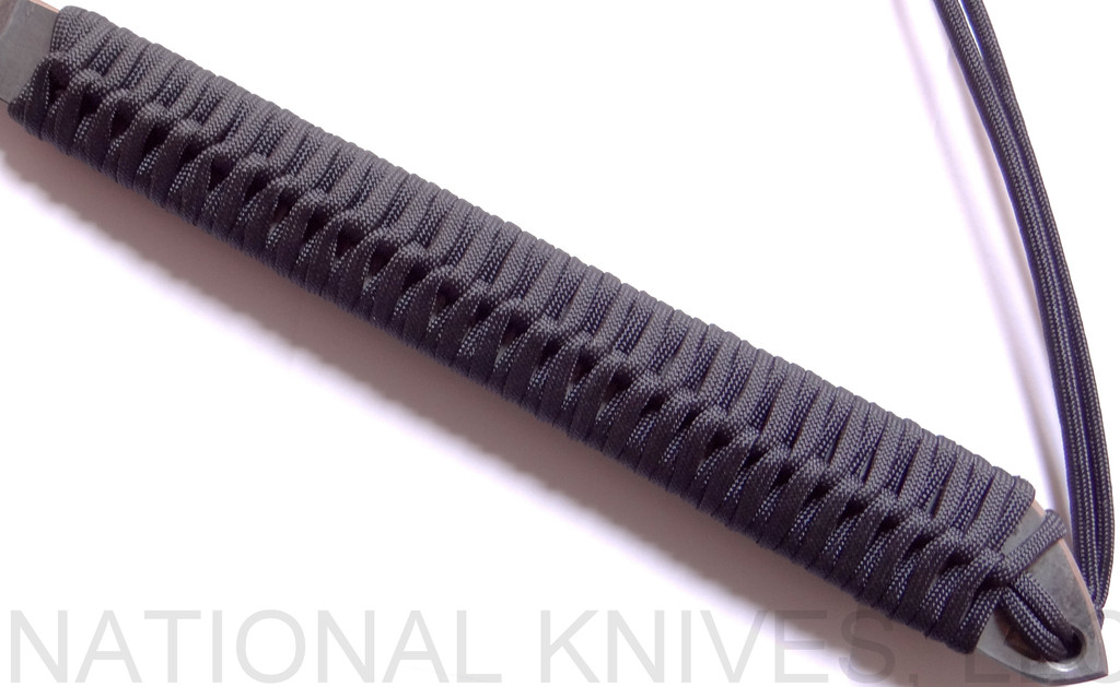 RMJ Tactical Custom Raven tomahawk - close up of handle.  80CRV2 steel plain edge head.  Black cord-wrapped handle.
For reference only.