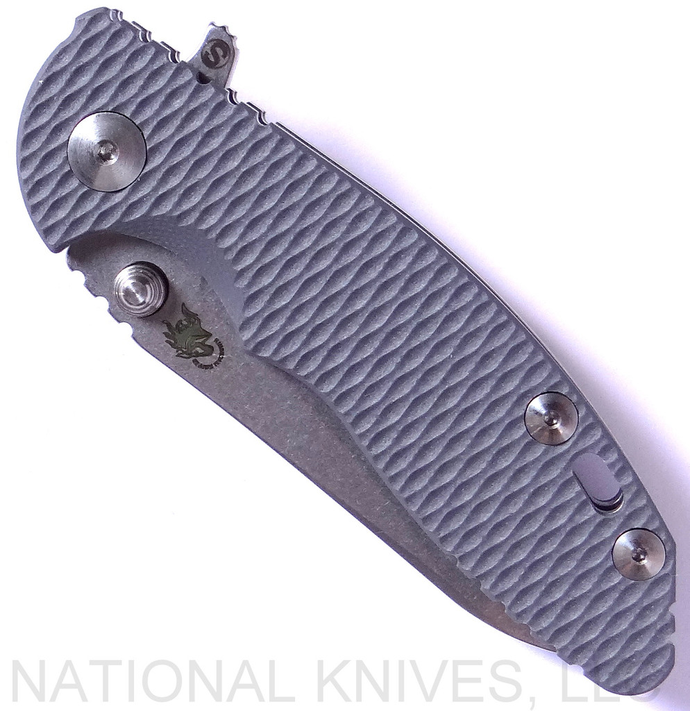 Rick Hinderer Knives Skinny XM-18 3.0" Sheepsfoot folding knife with thumb stud and flipper tab - shown closed presentation side.  Stonewash 20CV stainless steel plain edge blade.  Grey G-10 handle with stonewash lock.  Model K1101SSGS00.