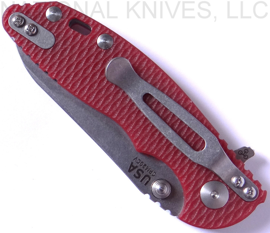 Rick Hinderer Knives Skinny XM-18 3.0" Sheepsfoot folding knife with thumb stud and flipper tab - shown closed pocket clip side.  Stonewash 20CV stainless steel plain edge blade.  Red G-10 handle with stonewash lock.  Model K1101SSGS00.