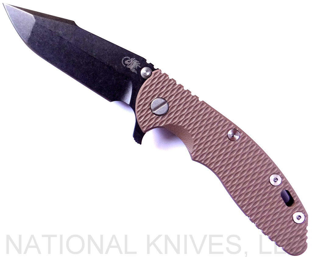 Rick Hinderer Knives XM-18 Harpoon Spanto Folding Knife, Black Stonewash 3.5" Plain Edge CPM-S35VN Blade, Black Stonewash Lockside, FDE G-10 Handle - Tri-Way Pivot