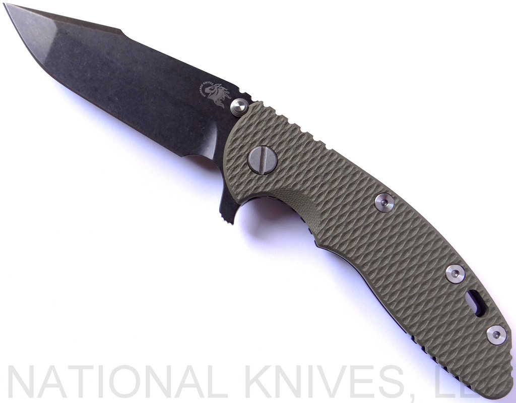 Rick Hinderer Knives XM-18 3.5" Harpoon Spanto folding knife with thumb stud and flipper tab - shown open presentation side.  Black stonewash S35VN stainless steel plain edge blade.  OD green G-10 handle with stonewash black lock side.  Model K2552SGD00.