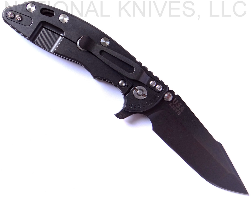 Rick Hinderer Knives XM-18 Harpoon Spanto Folding Knife, Black Stonewash 3.5" Plain Edge CPM-S35VN Blade, Black Stonewash Lockside, OD Green G-10 Handle - Tri-Way Pivot