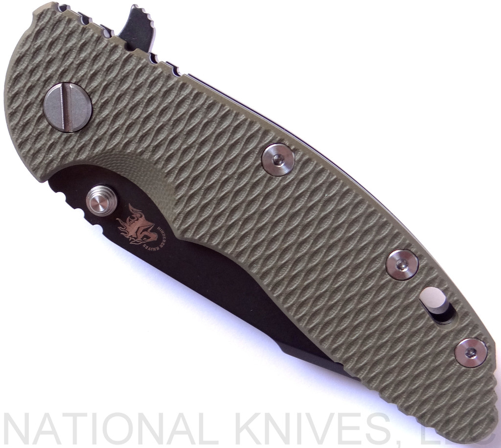 Rick Hinderer Knives XM-18 3.5" Harpoon Spanto folding knife with thumb stud and flipper tab - shown closed presentation side.  Black stonewash S35VN stainless steel plain edge blade.  OD green G-10 handle with stonewash black lock side.  Model K2552SGD00.