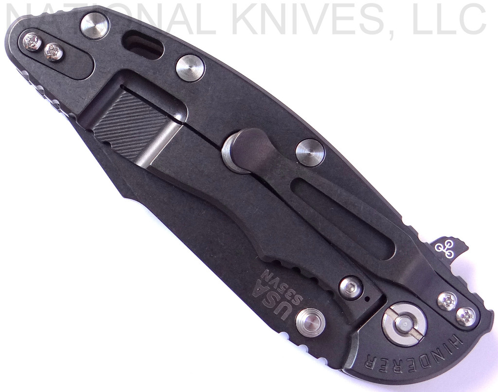 Rick Hinderer Knives XM-18 3.5" Harpoon Spanto folding knife with thumb stud and flipper tab - shown closed lock side.  Black stonewash S35VN stainless steel plain edge blade.  OD green G-10 handle with stonewash black lock side.  Model K2552SGD00.