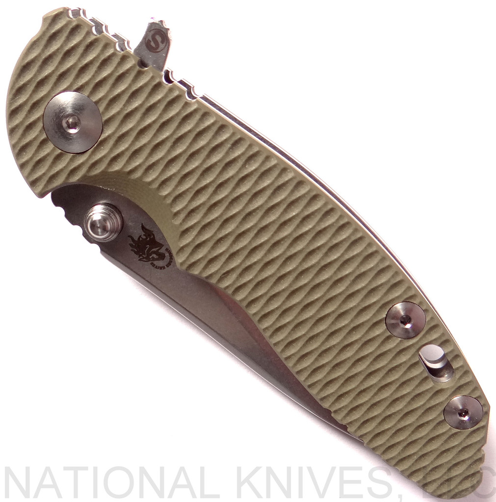 Rick Hinderer Knives XM-18 SKINNY Slicer Folding Knife, Stonewash 3" Plain Edge 20CV Blade, Stonewash Lockside, OD Green G-10 Handle - Tri-Way Pivot