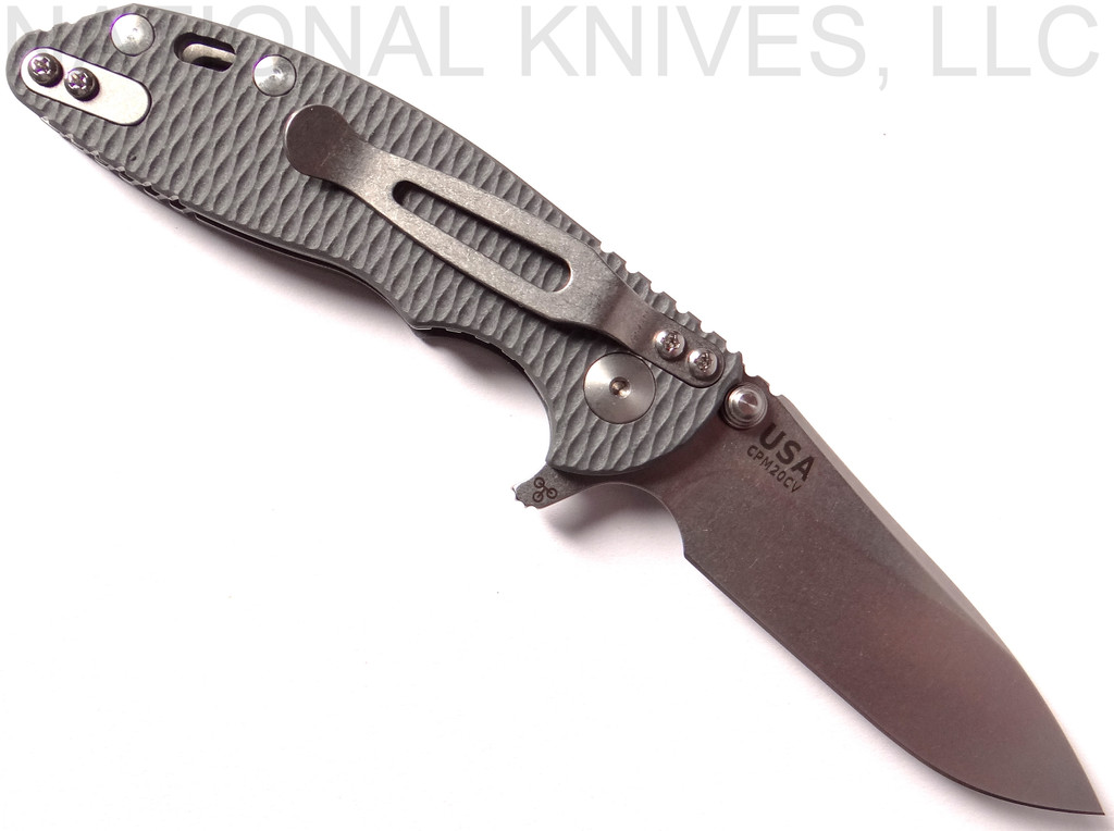 Rick Hinderer Knives XM-18 SKINNY Slicer Folding Knife, Stonewash 3" Plain Edge 20CV Blade, Stonewash Lockside, Gray G-10 Handle - Tri-Way Pivot