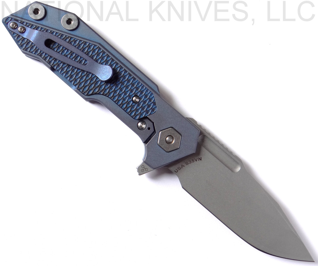 REFERENCE ONLY - Rick Hinderer Knives Full Track Spanto Flipper Knife, Working Finish CPM-S35VN  Plain Edge Blade, Battle Blue Titanium, Blue - Black G-10 Handle - Tri-Way Pivot