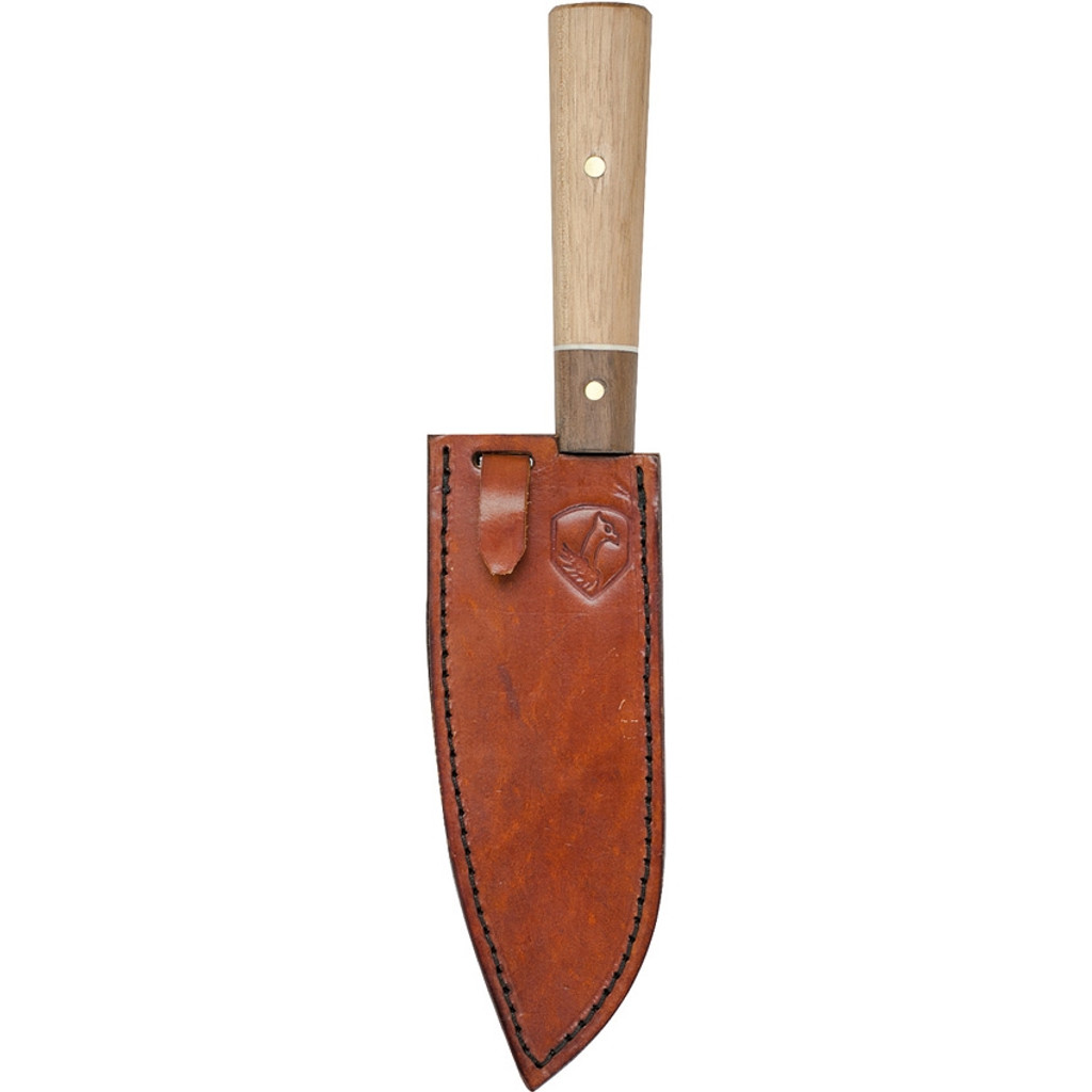 Condor Tool and Knife Kondoru Santoku kitchen knife - shown in sheath obverse.  1095 HC steel plain edge blade.  Wood handle.  Model CTK5000-6.5.