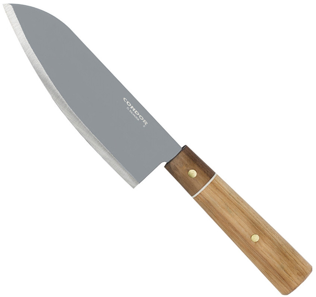 Condor Tool and Knife Kondoru Santoku kitchen knife - shown out of sheath reverse.  1095 HC steel plain edge blade.  Wood handle.  Model CTK5000-6.5.