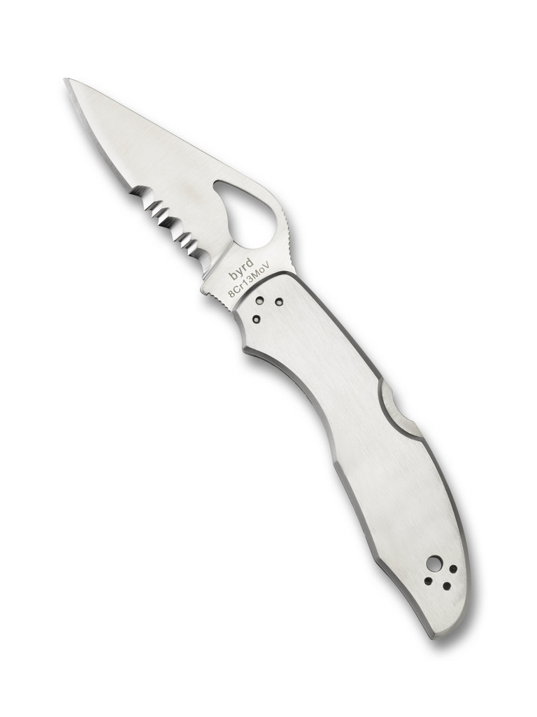 Byrd Knives Meadowlark 2 folding knife with thumb slot - shown open presentation side.  Satin 8Cr13MoV stainless steel combo edge blade.  Stainless steel handle.  Model BY04PS2.