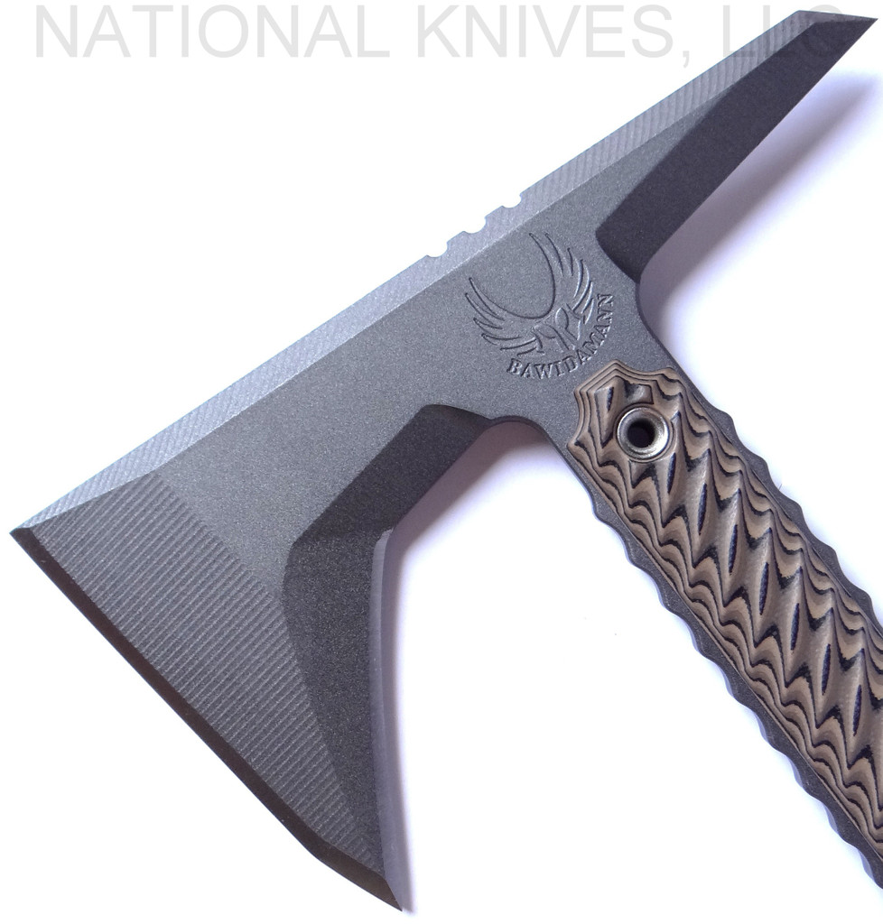 RMJ Tactical Ragnarok 12 Tomahawk, 3.375" Forward Edge 80CRV2 Steel, Hyena Brown Handle, Sheath