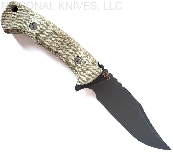 Rick Hinderer Knives The Ranch Bowie fixed blade knife - shown out of sheath obverse.  Battle Black CPM-3V steel plain edge blade.  OD Micarta handle.  Model KRANBOW3V.