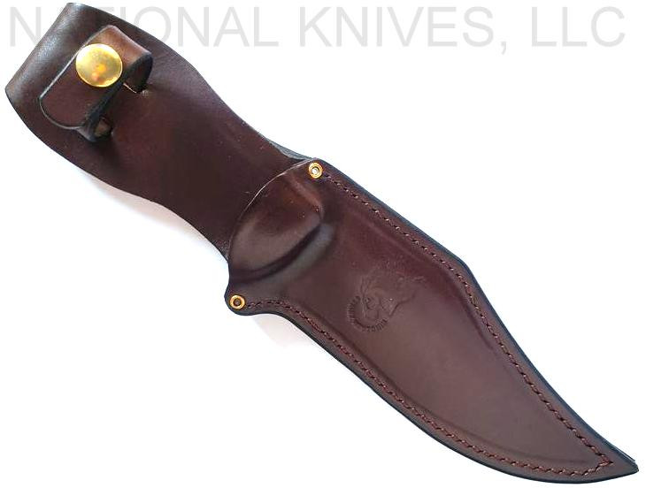 Rick Hinderer Knives The Ranch Bowie fixed blade knife - brown leather sheath only obverse.  Battle Black CPM-3V steel plain edge blade.  OD Micarta handle.  Model KRANBOW3V.