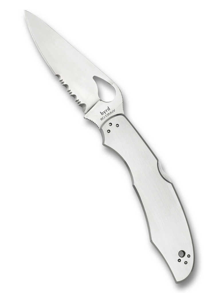 Byrd Knives Cara Cara 2 folding knife with thumb slot - shown open presentation side.  Satin 8Cr13MoV stainless steel combo edge blade.  Stainless steel handle.  Model BY03PS2.

